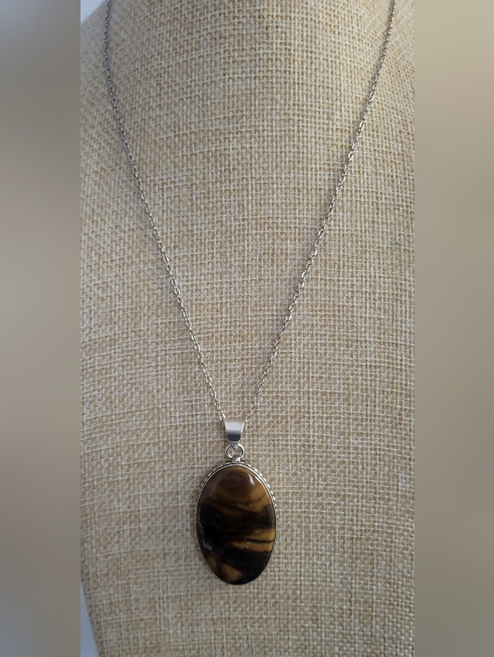 Sunset Jasper Natural Stone Pendant 925 Overlay Stainless Steel Chain